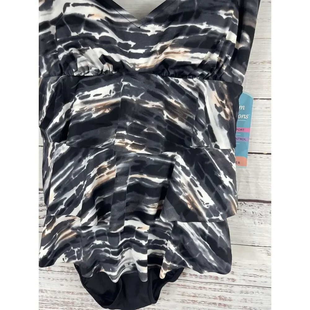 Swim Solutions 8 Triple Tier Coastal Plates Black Tiered Tummy Control One-Piece - Picture 3 of 10